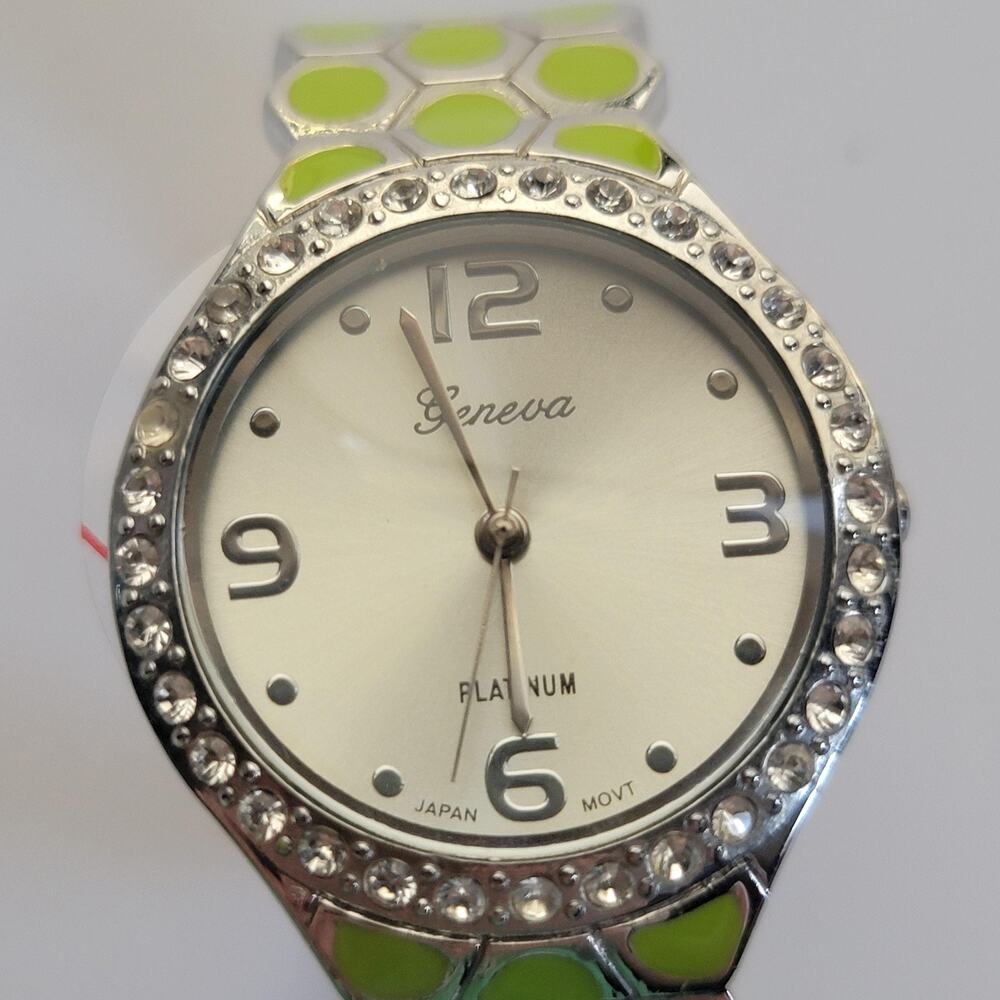 Geneva Womens Watch Silver Dial Crystal Bezel Green Metal Bracelet Quartz Gemmed